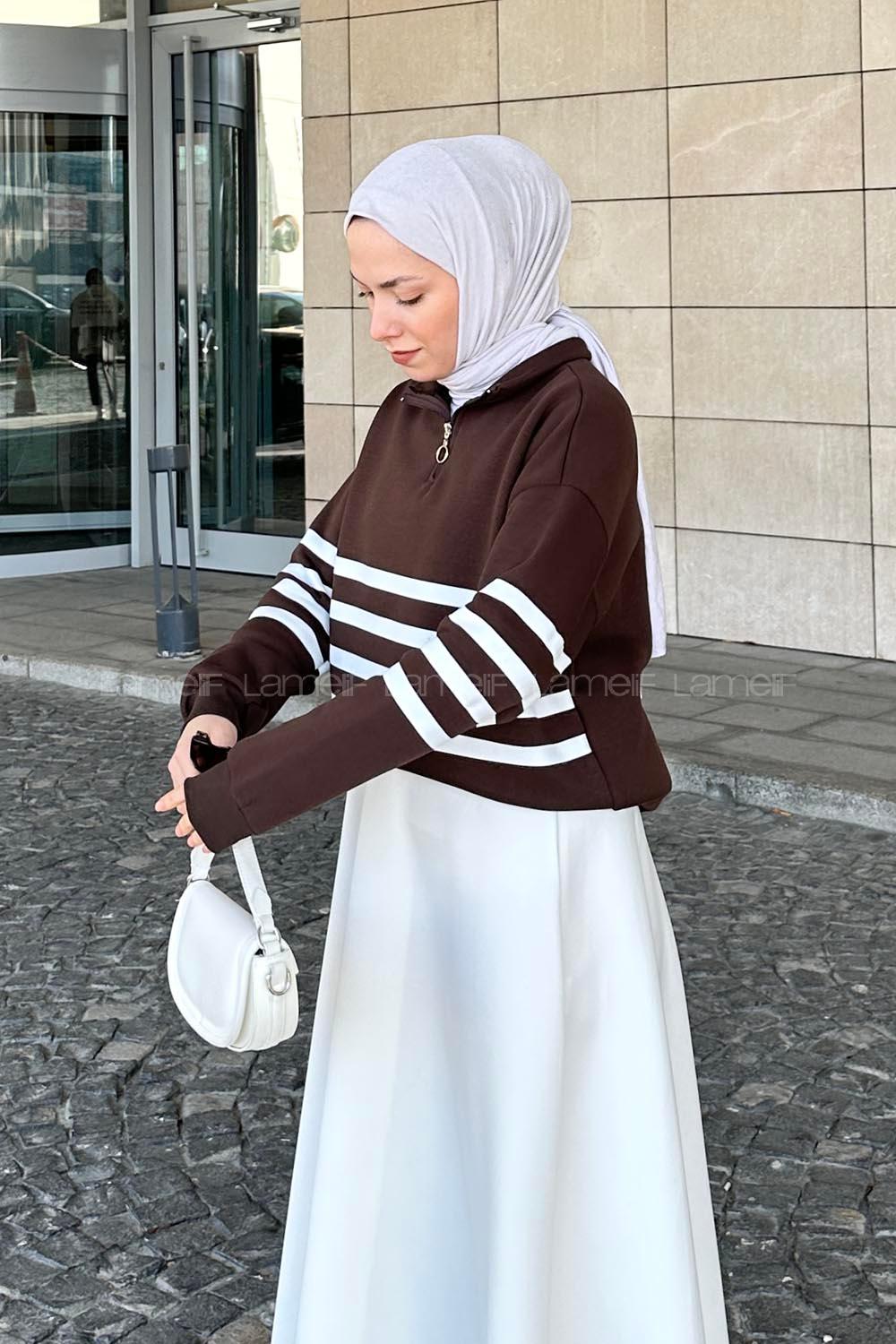 Lamelif Yarım Fermuarlı Sweatshirt Tunik Acı Kahve