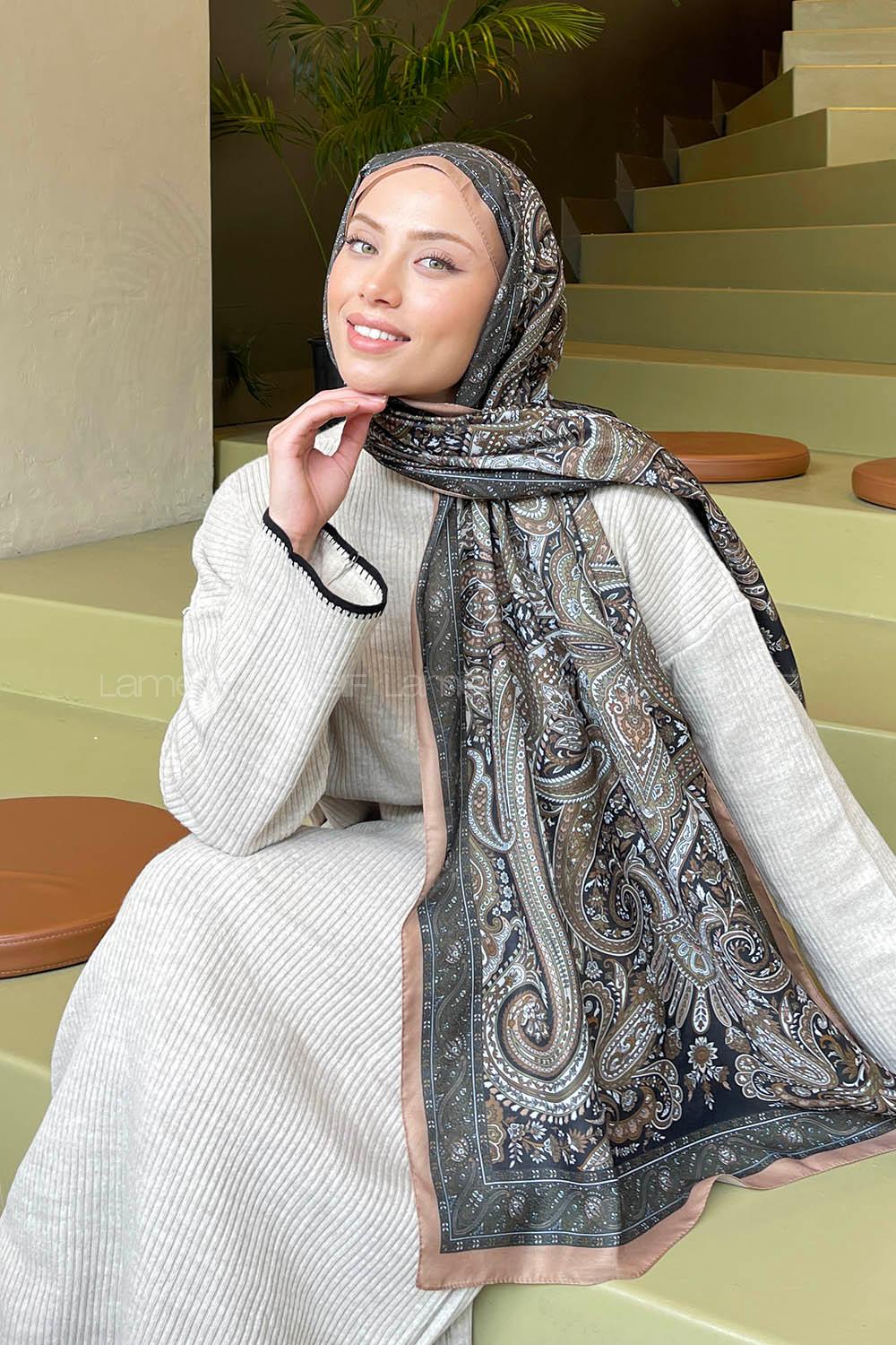Camel Cotton Striped Printed Shawl