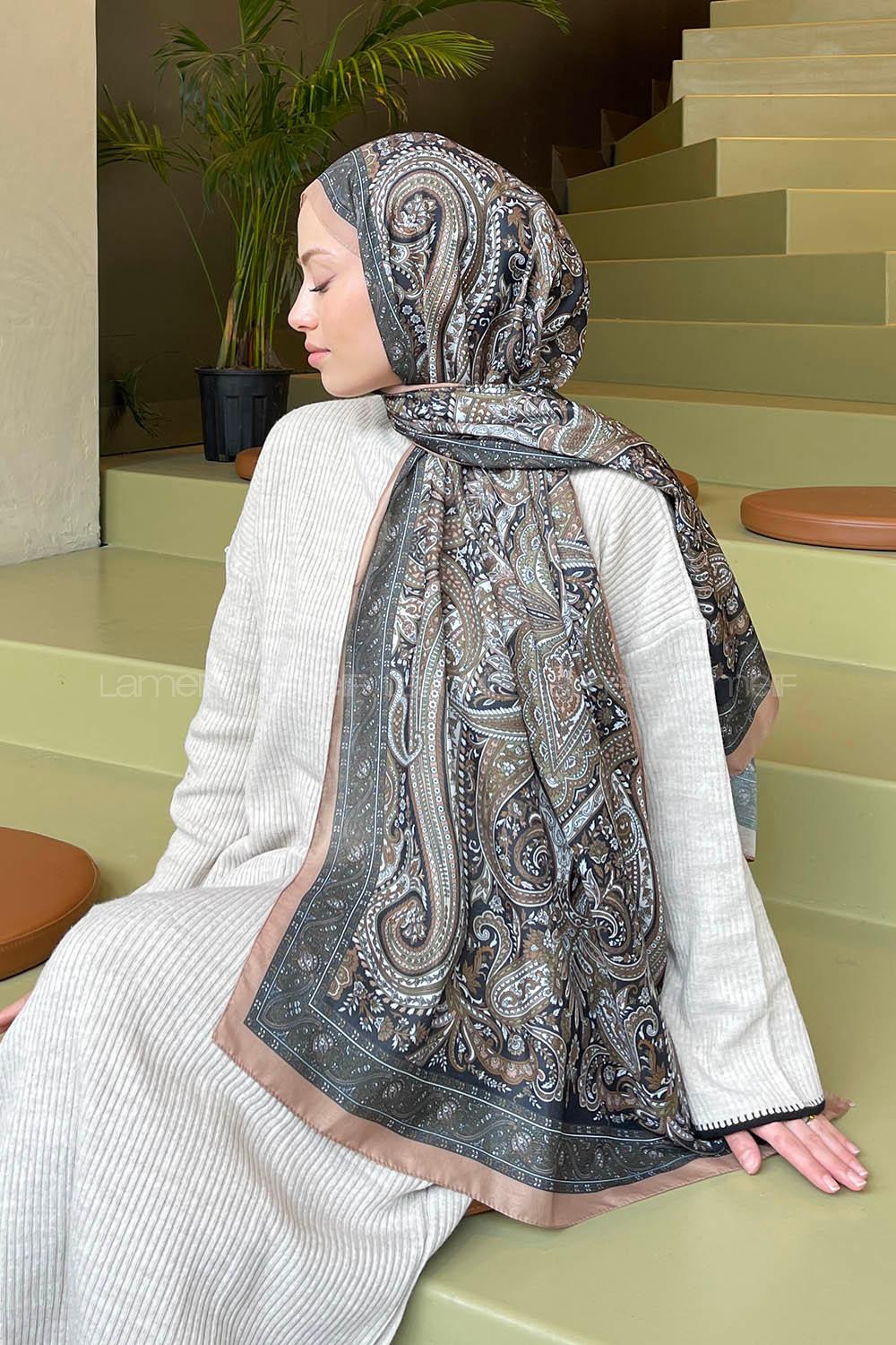 Camel Cotton Striped Printed Shawl