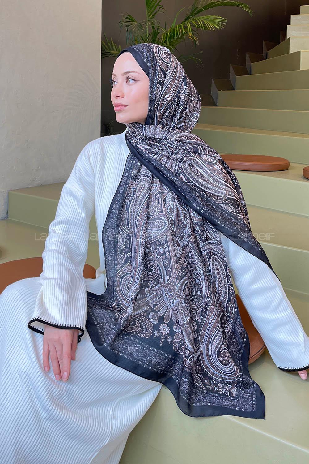 Lamelif Retro Desen Soft Şal Siyah Sütlü Kahve