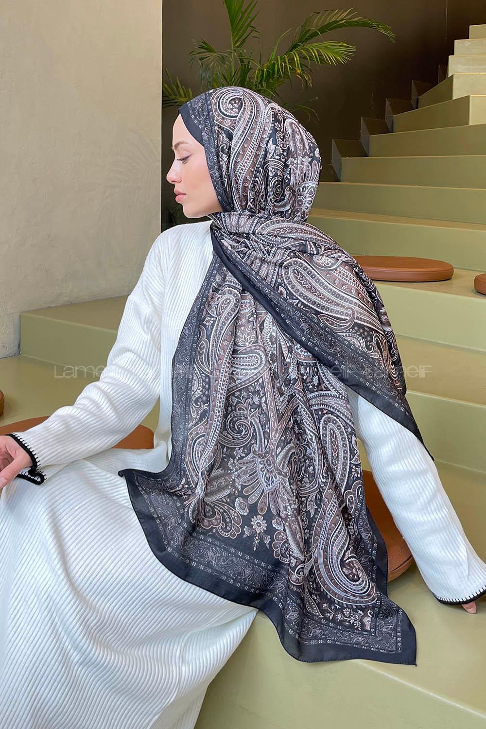 Lamelif Retro Desen Soft Şal Siyah Sütlü Kahve