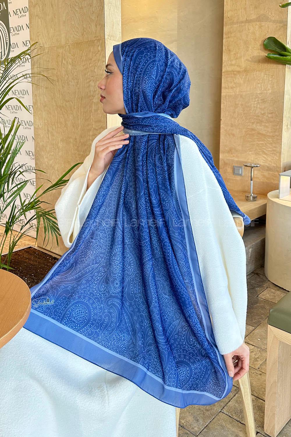 Lamelif Retro Desen Pamuk Şal İndigo