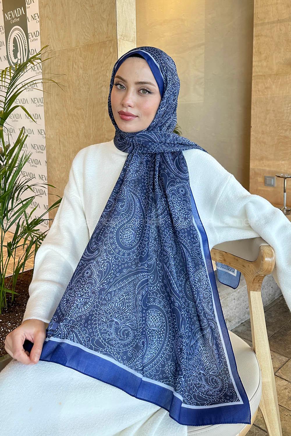 Lamelif Retro Desen Pamuk Şal Lacivert