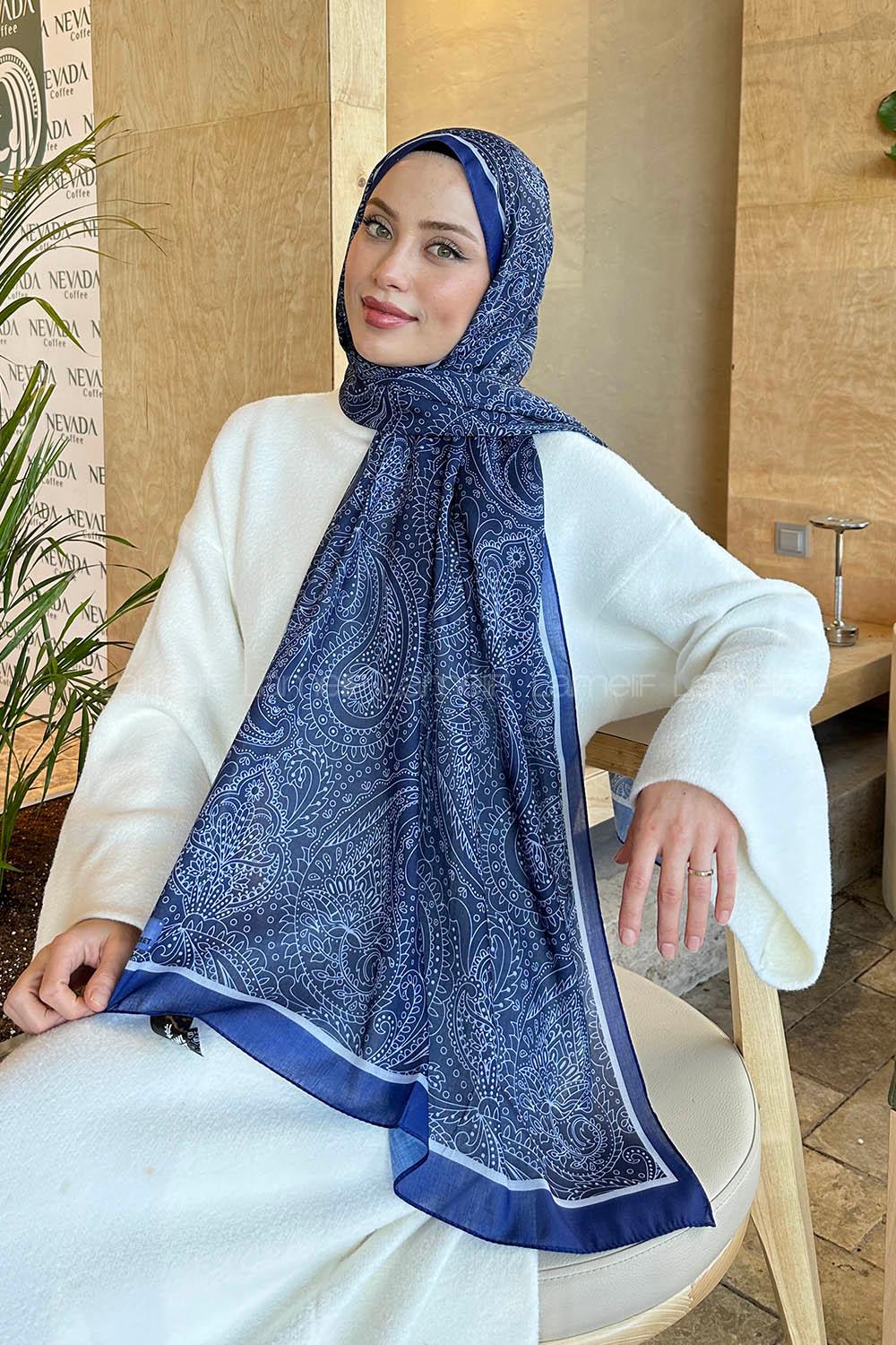 Lamelif Retro Desen Pamuk Şal Lacivert