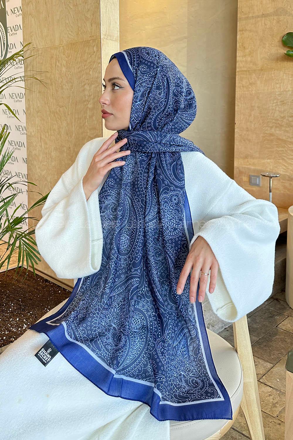 Lamelif Retro Desen Pamuk Şal Lacivert