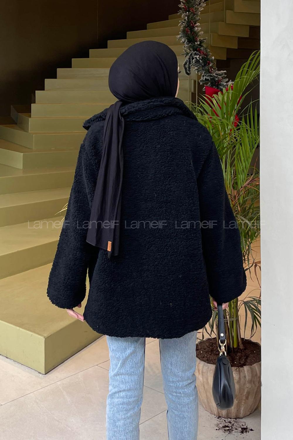 Lamelif Biye Detaylı Tedy Peluş Mont Siyah