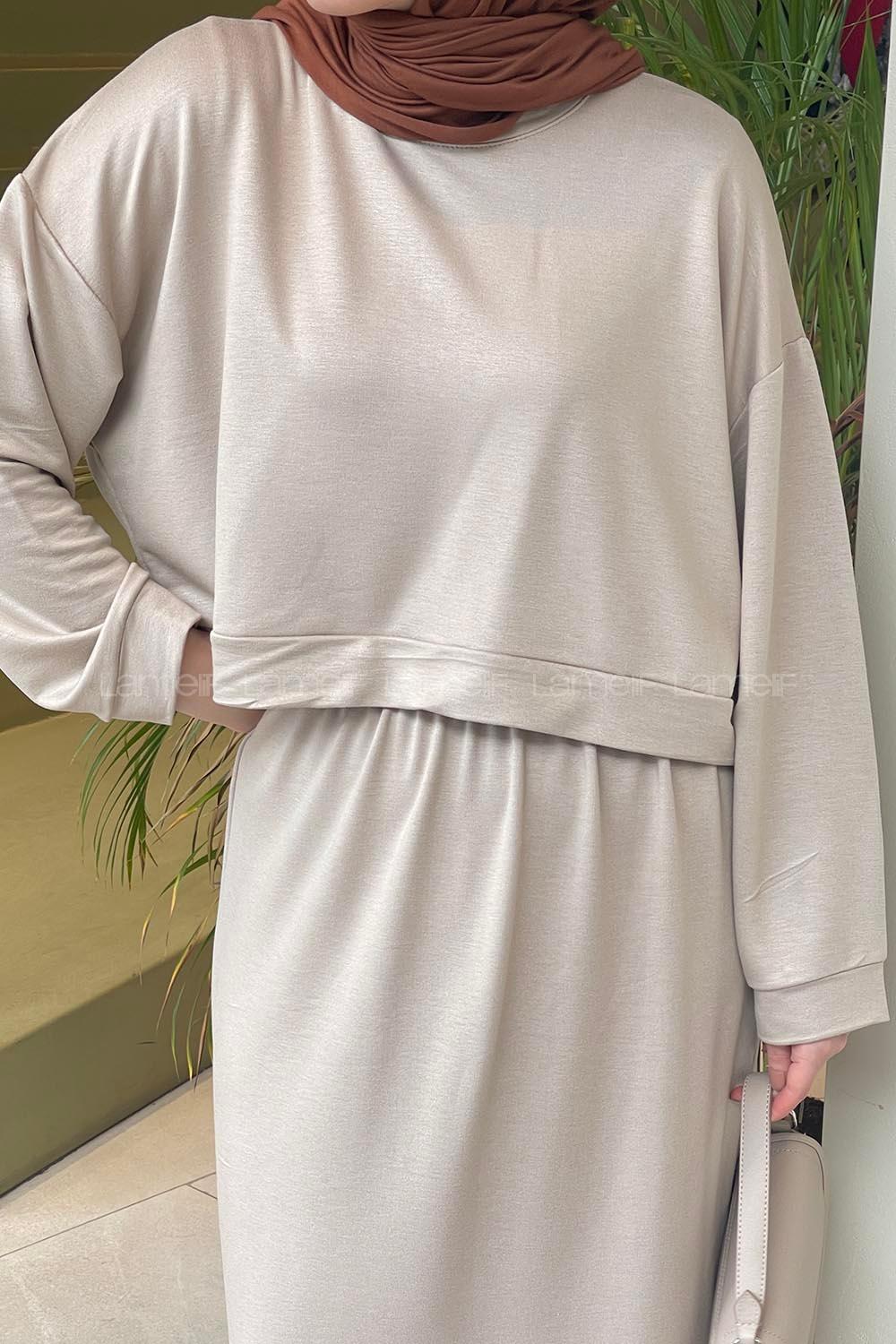 Beige Crew Neck Long Arm Poplin Fabric Straight Skirt Suit