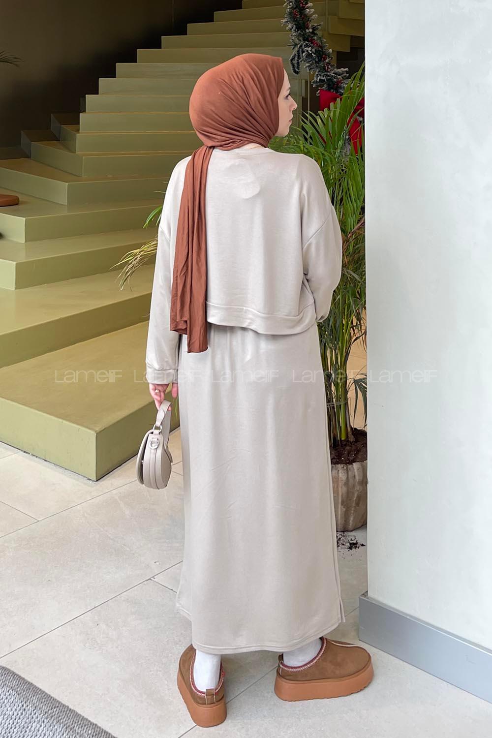 Beige Crew Neck Long Arm Poplin Fabric Straight Skirt Suit