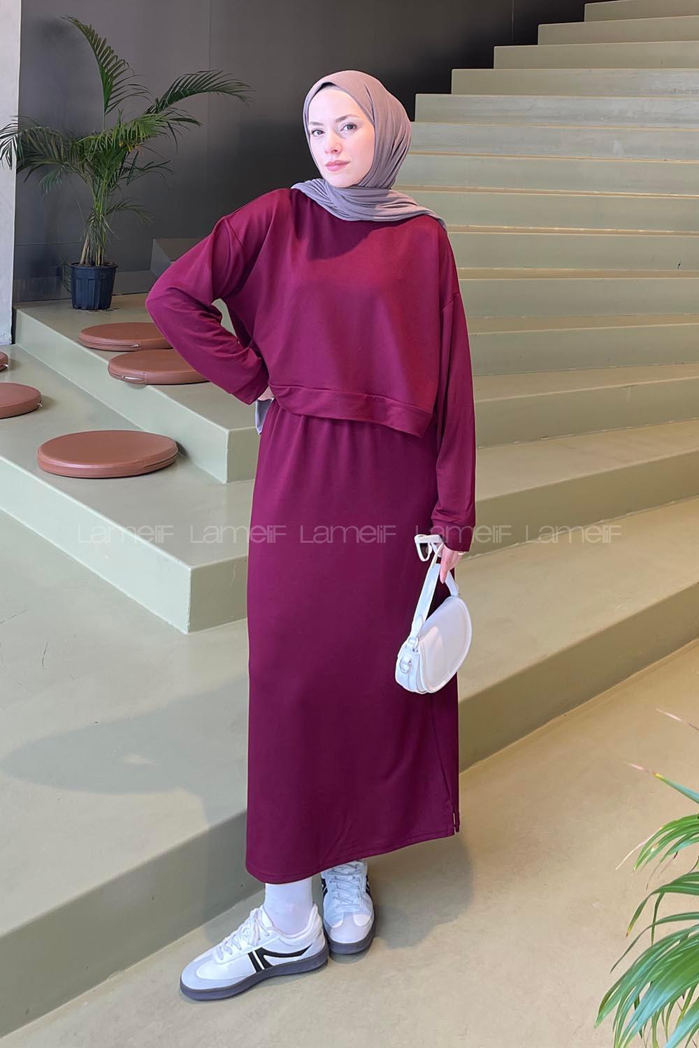 Lamelif Kısa Sweat Etekli Tesettür Takım Bordo
