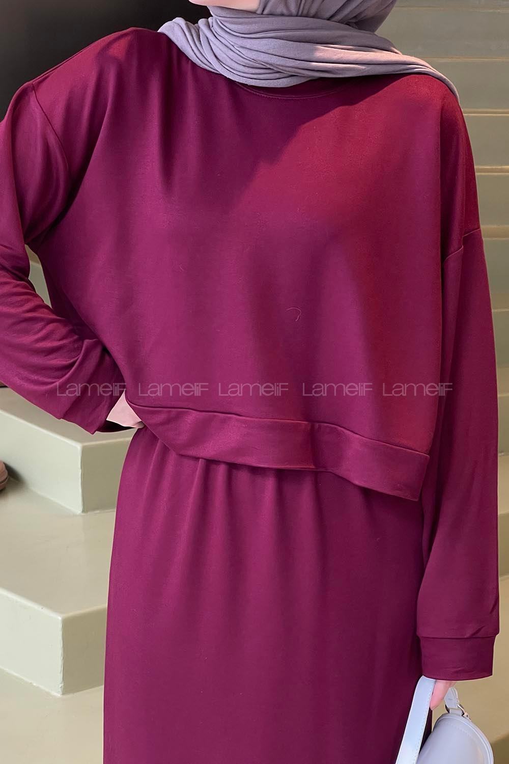 Lamelif Kısa Sweat Etekli Tesettür Takım Bordo