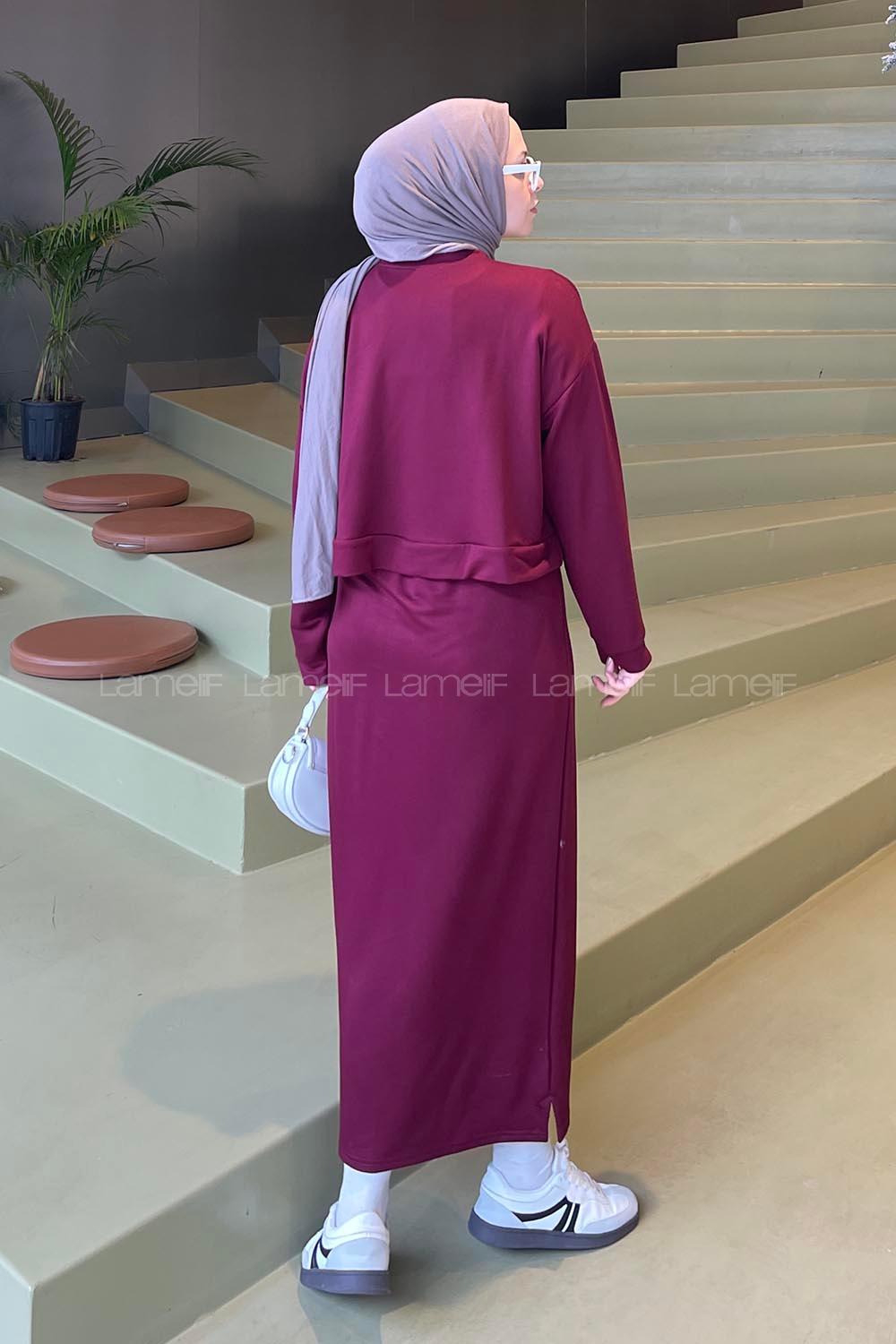 Lamelif Kısa Sweat Etekli Tesettür Takım Bordo