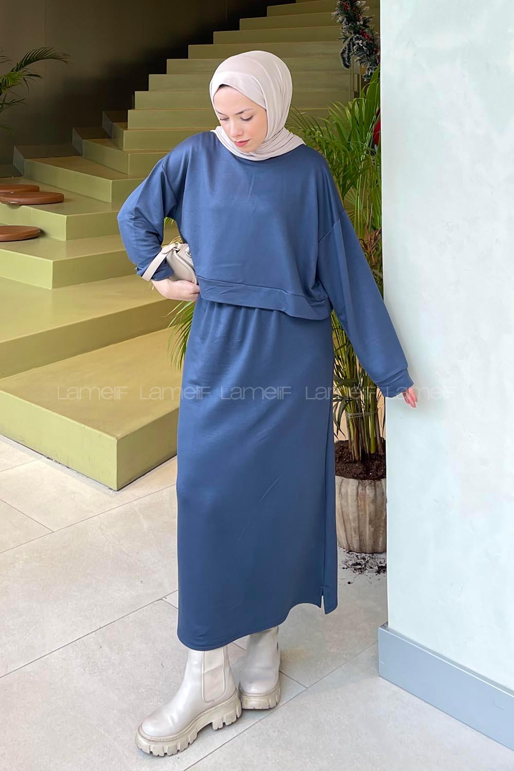 Lamelif Kısa Sweat Etekli Tesettür Takım Füme