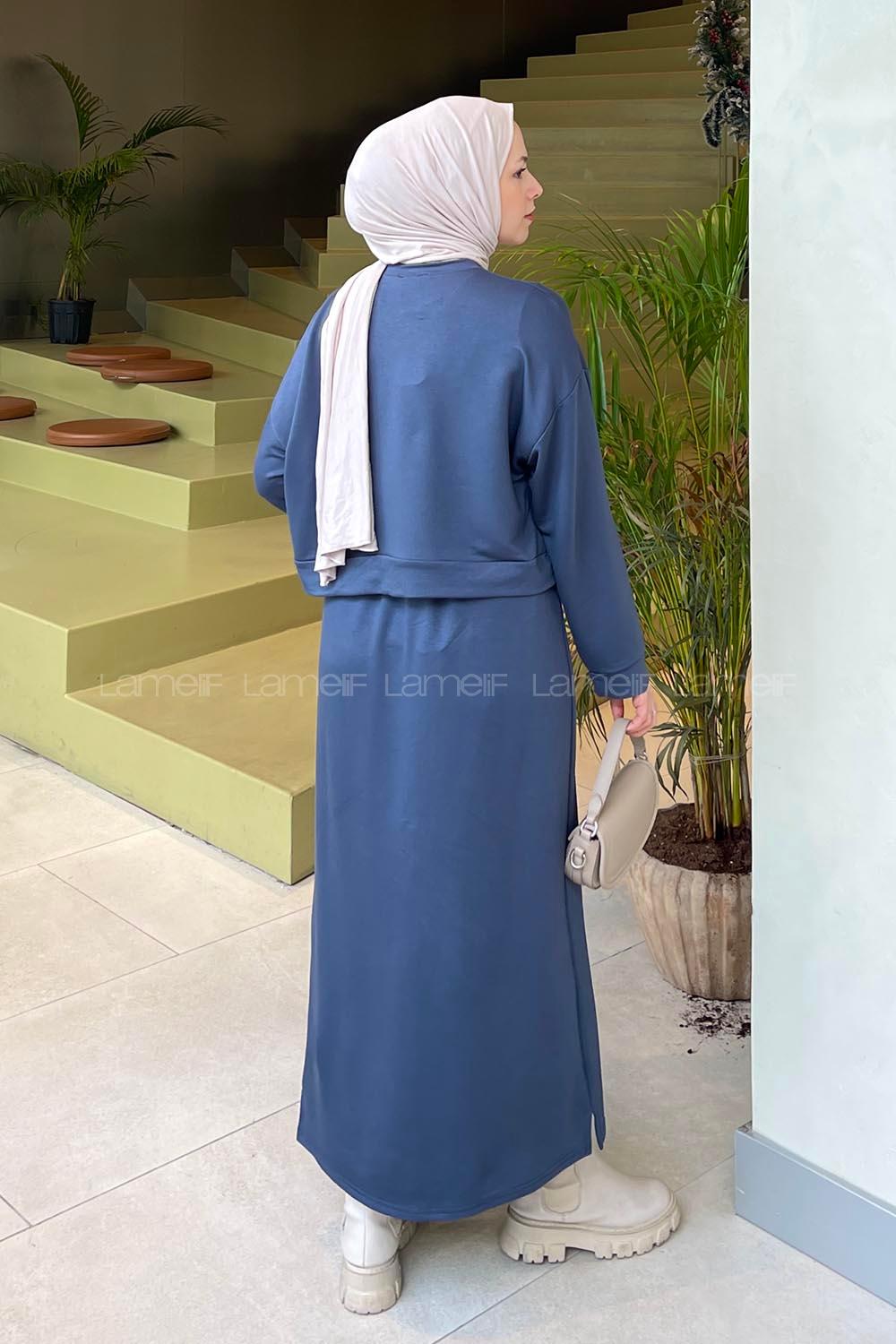 Lamelif Kısa Sweat Etekli Tesettür Takım Füme