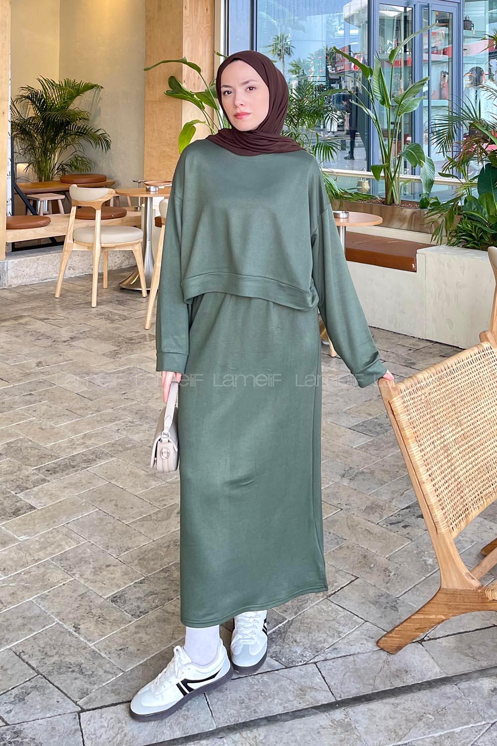 Khaki Crew Neck Long Arm Poplin Fabric Straight Skirt Suit