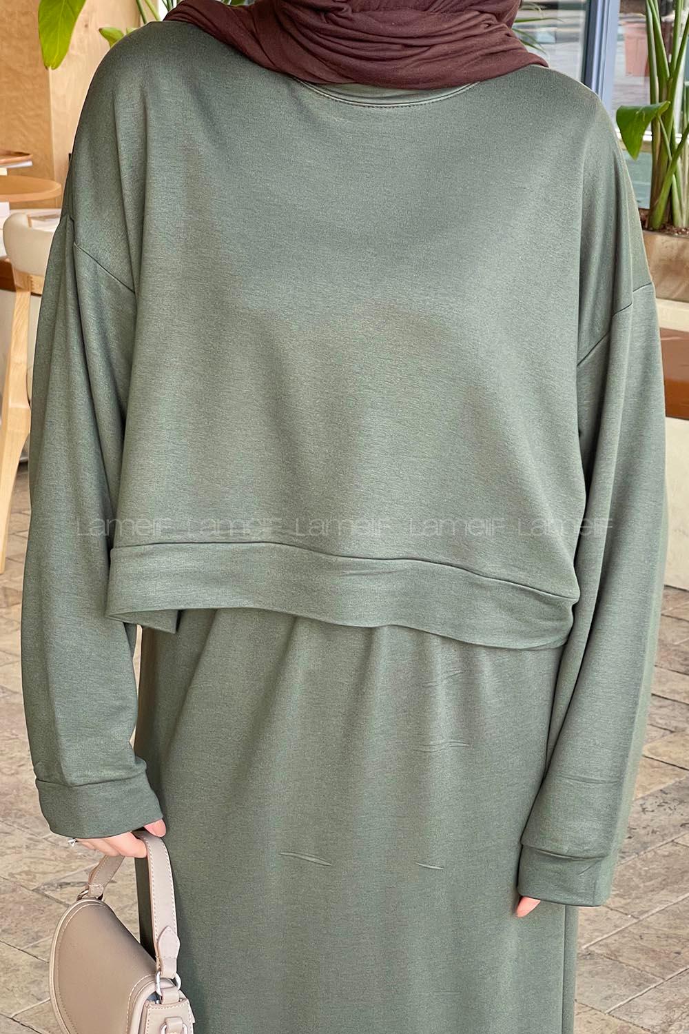 Khaki Crew Neck Long Arm Poplin Fabric Straight Skirt Suit