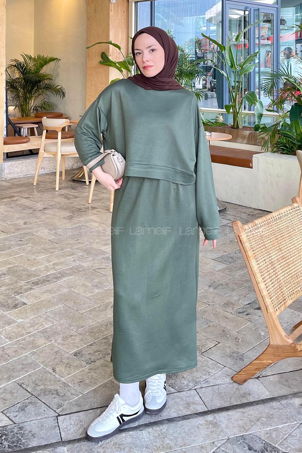 Khaki Crew Neck Long Arm Poplin Fabric Straight Skirt Suit