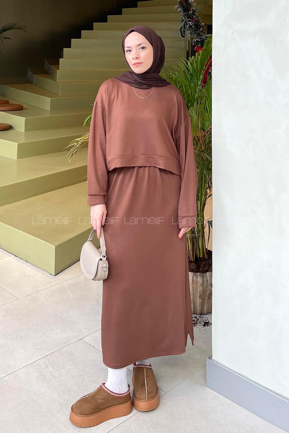 Brown Crew Neck Long Arm Poplin Fabric Straight Skirt Suit