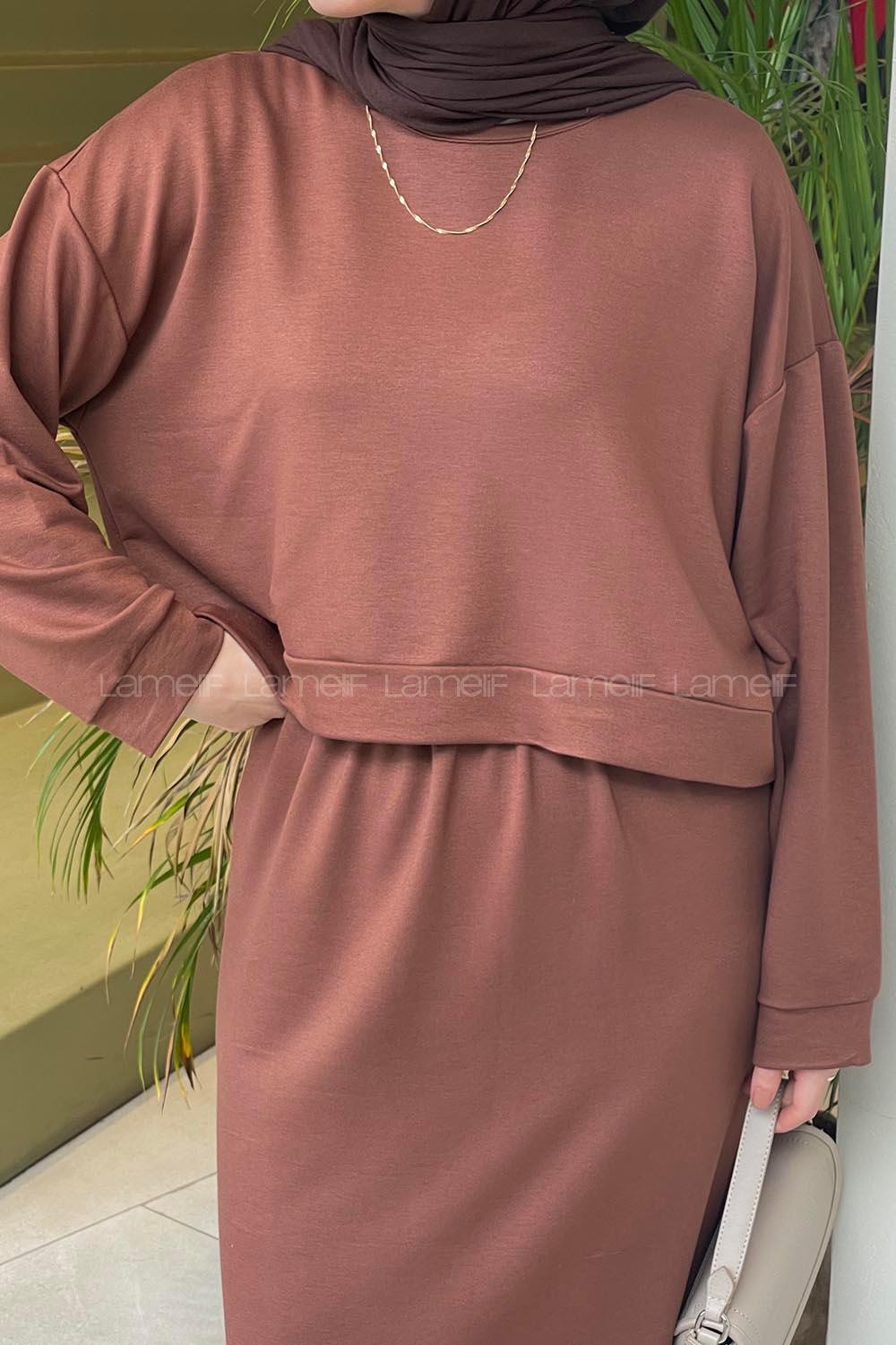 Brown Crew Neck Long Arm Poplin Fabric Straight Skirt Suit