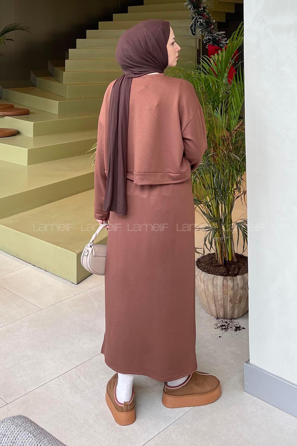 Brown Crew Neck Long Arm Poplin Fabric Straight Skirt Suit