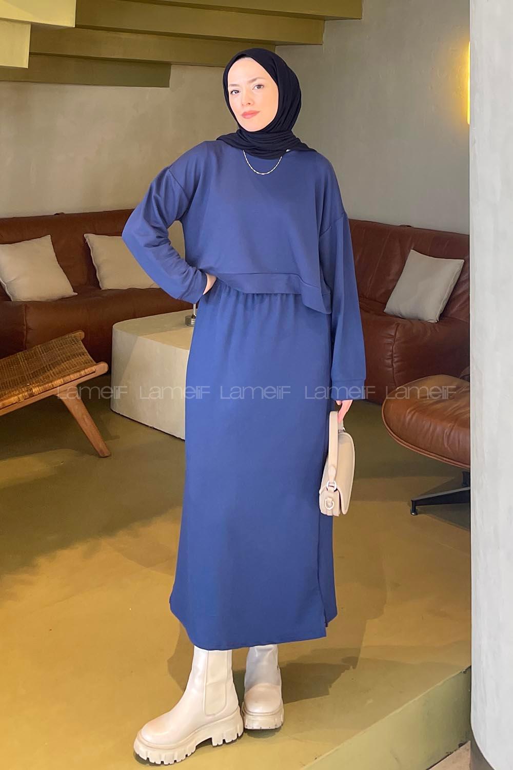 Navy Blue Crew Neck Long Arm Poplin Fabric Straight Skirt Suit