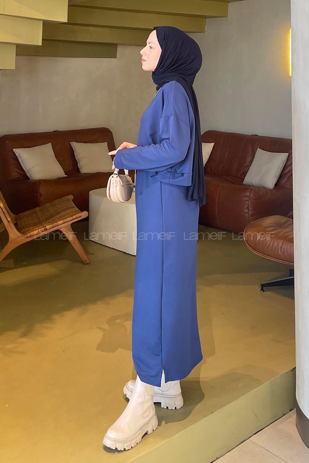 Navy Blue Crew Neck Long Arm Poplin Fabric Straight Skirt Suit