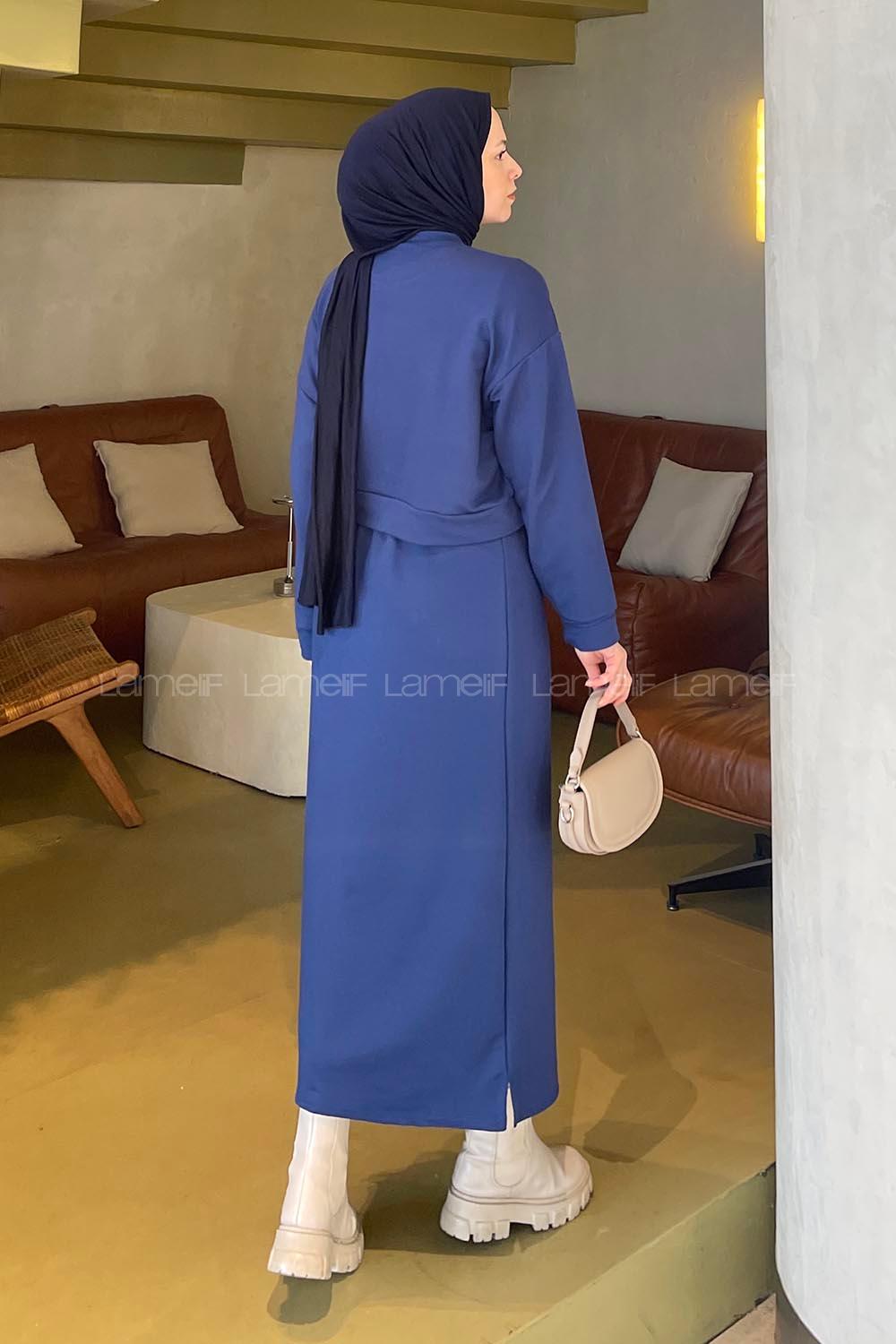 Navy Blue Crew Neck Long Arm Poplin Fabric Straight Skirt Suit
