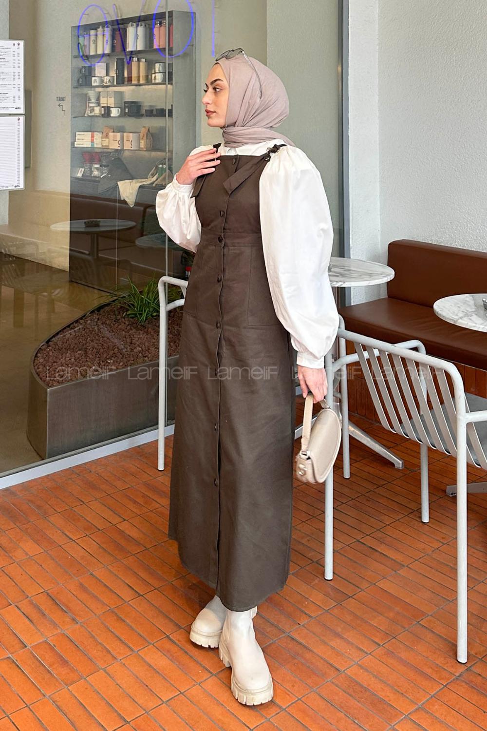 Lamelif Önü Boydan Düğmeli Salopet Koyu Yeşil