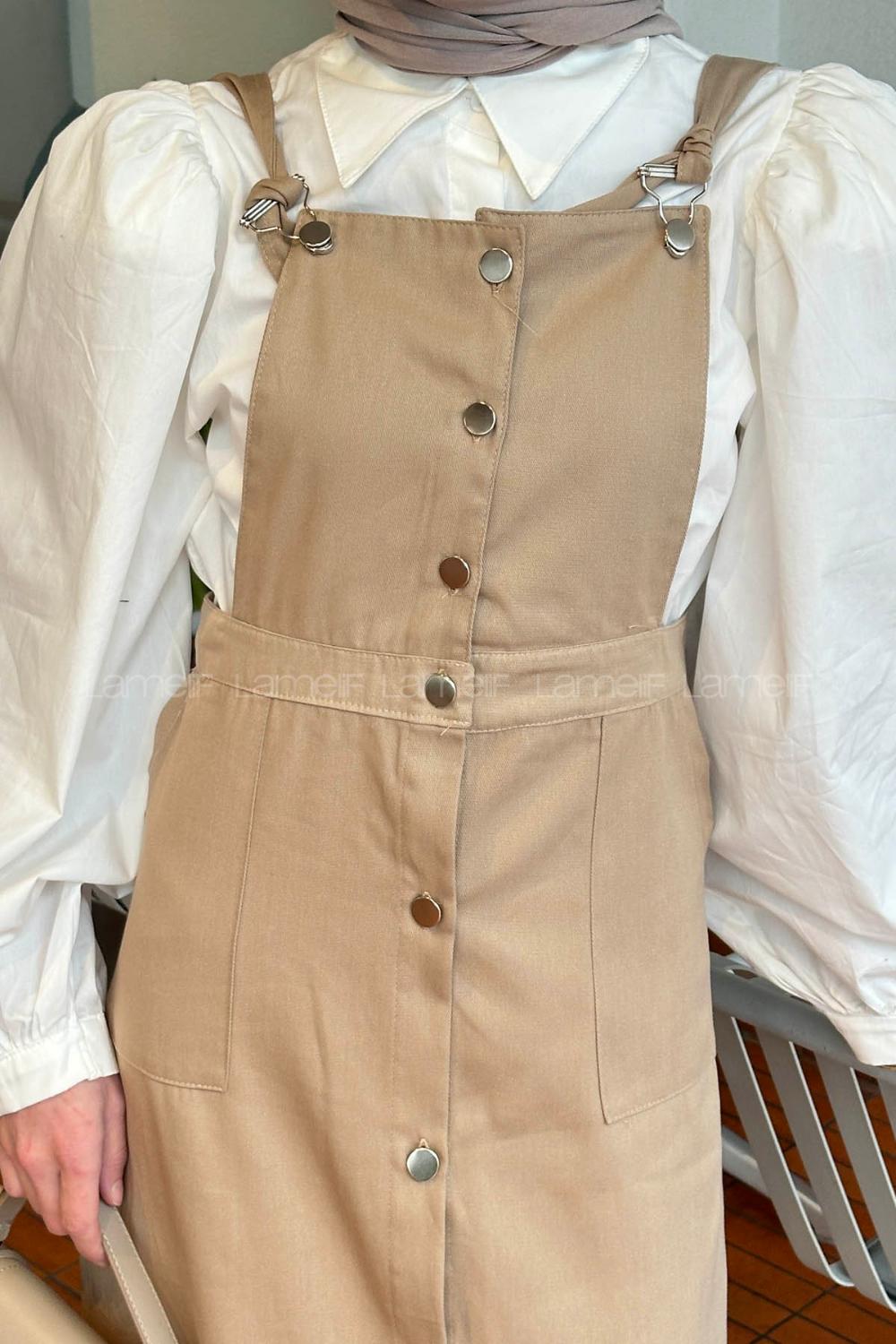 Lamelif Önü Boydan Düğmeli Salopet Sütlü Kahve