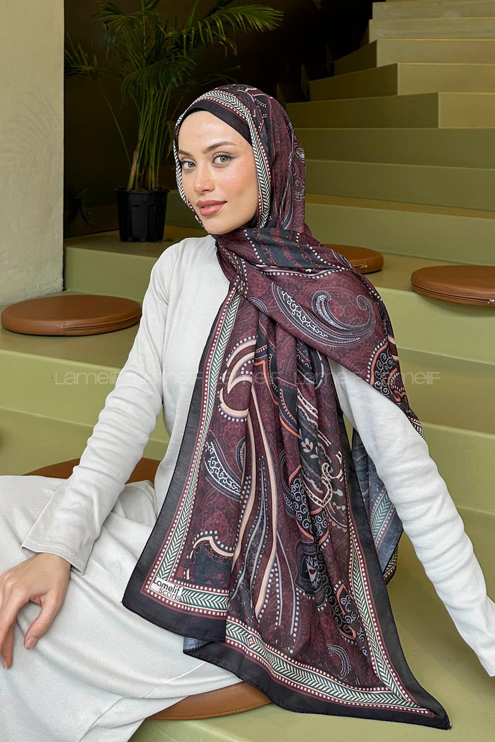 Lamelif Retro Desen Soft Şal Siyah Bordo