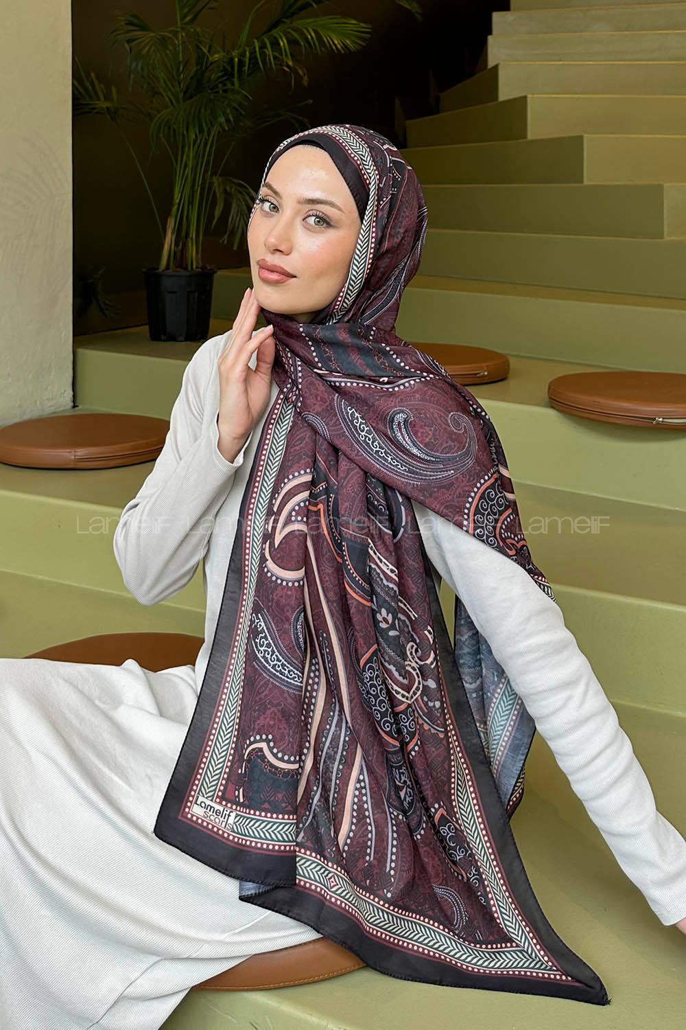 Lamelif Retro Desen Soft Şal Siyah Bordo