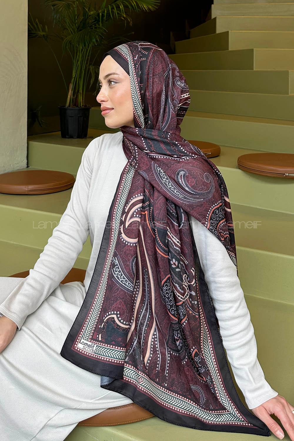 Lamelif Retro Desen Soft Şal Siyah Bordo