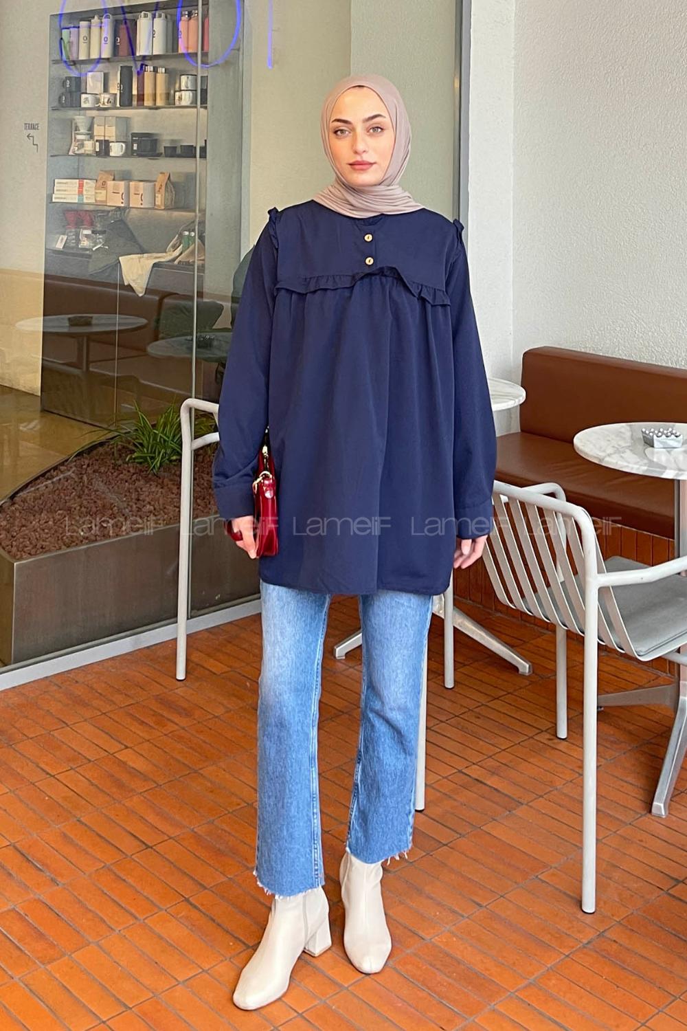 Omuz ve Göğüs Kısmı Fırfırlı Yarım Düğmeli Şık Tunik Lacivert