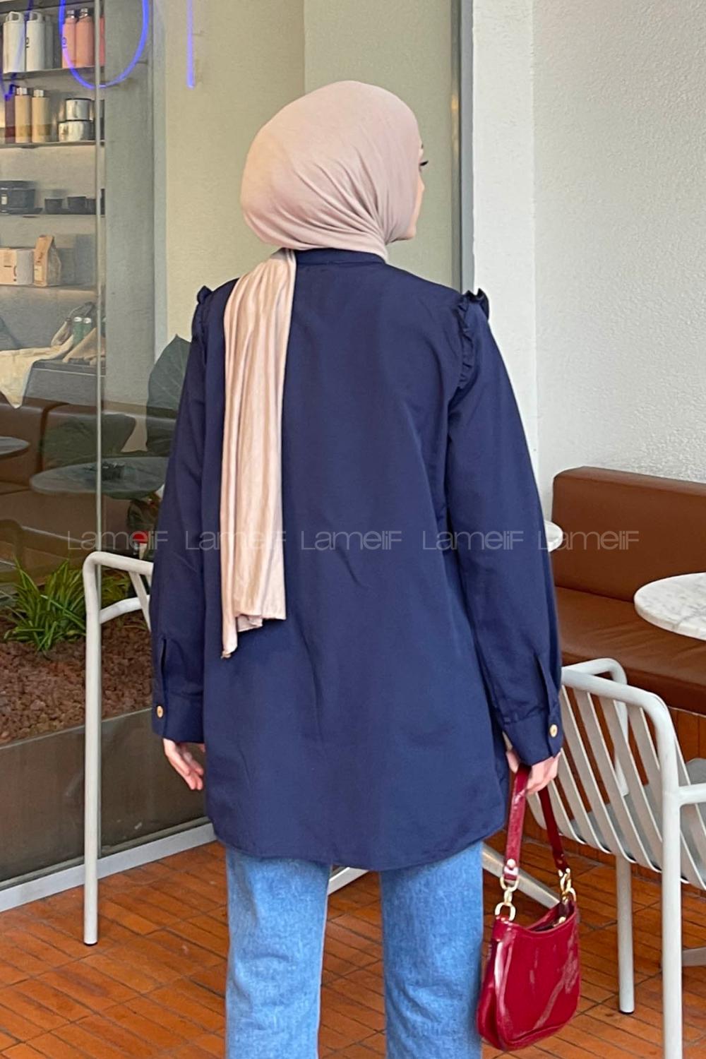 Omuz ve Göğüs Kısmı Fırfırlı Yarım Düğmeli Şık Tunik Lacivert