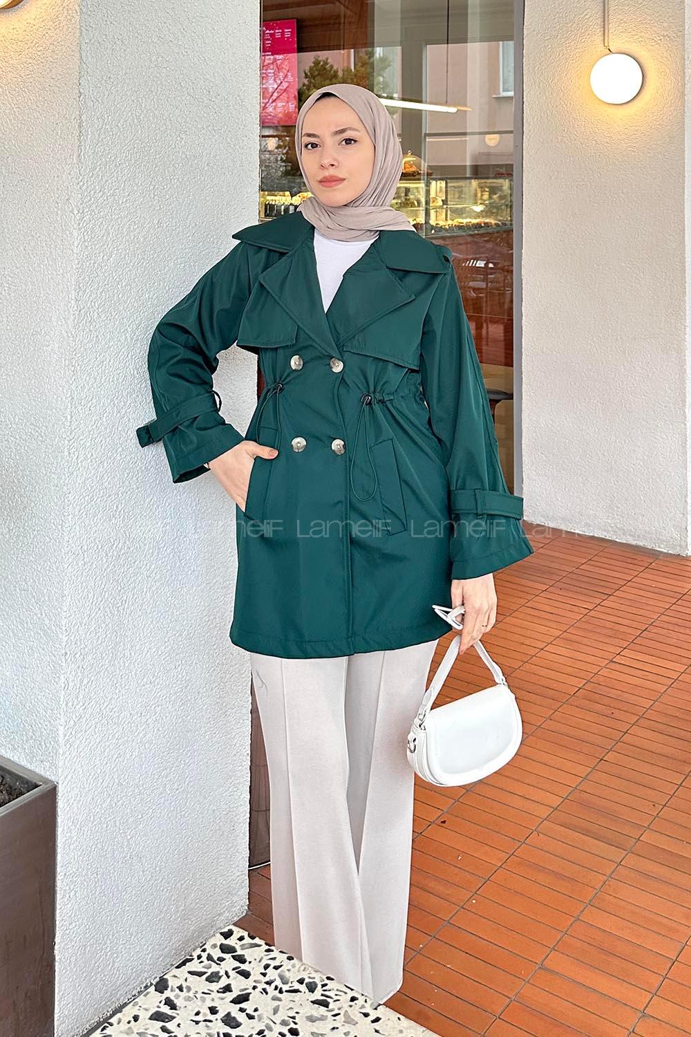 Lamelif Bel Lastikli Trenç Zümrüt