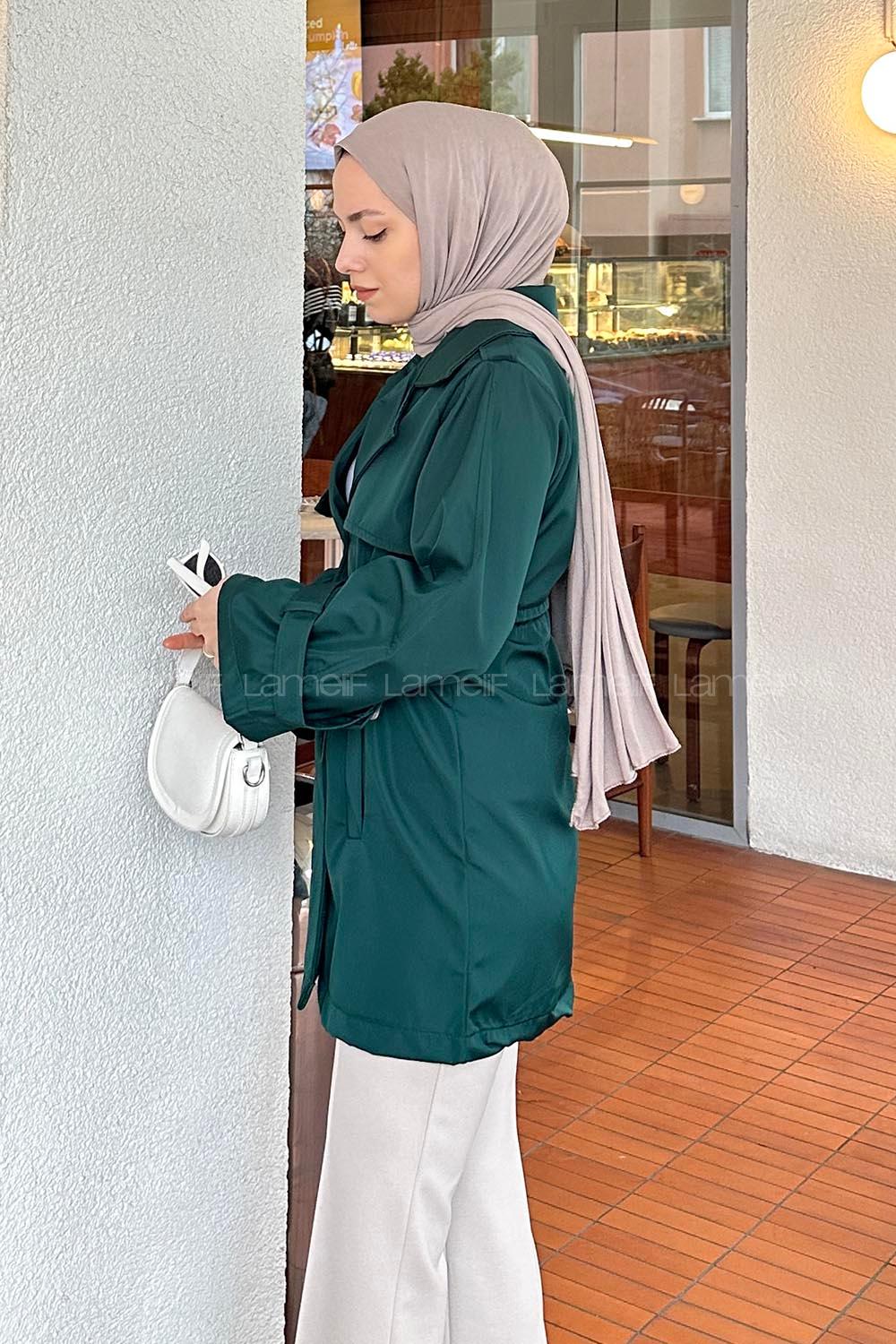 Lamelif Bel Lastikli Trenç Zümrüt