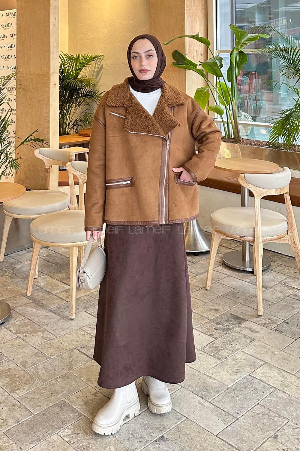 Lamelif Fermuarlı İçi Peluş Detaylı Süet Mont Taba