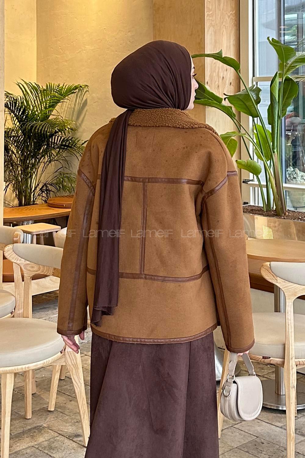 Lamelif Fermuarlı İçi Peluş Detaylı Süet Mont Taba