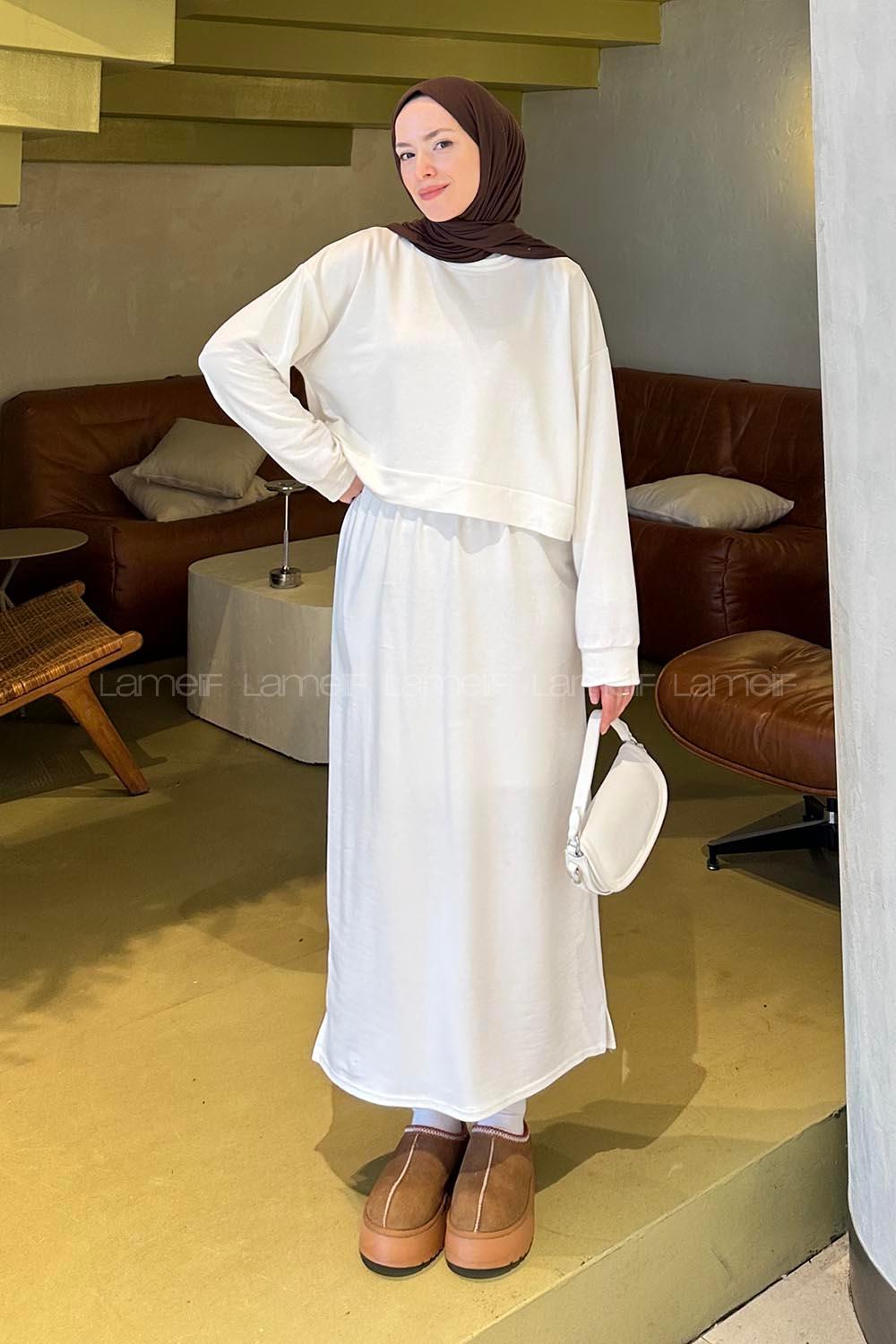 Lamelif Kısa Sweat Etekli Tesettür Takım Beyaz