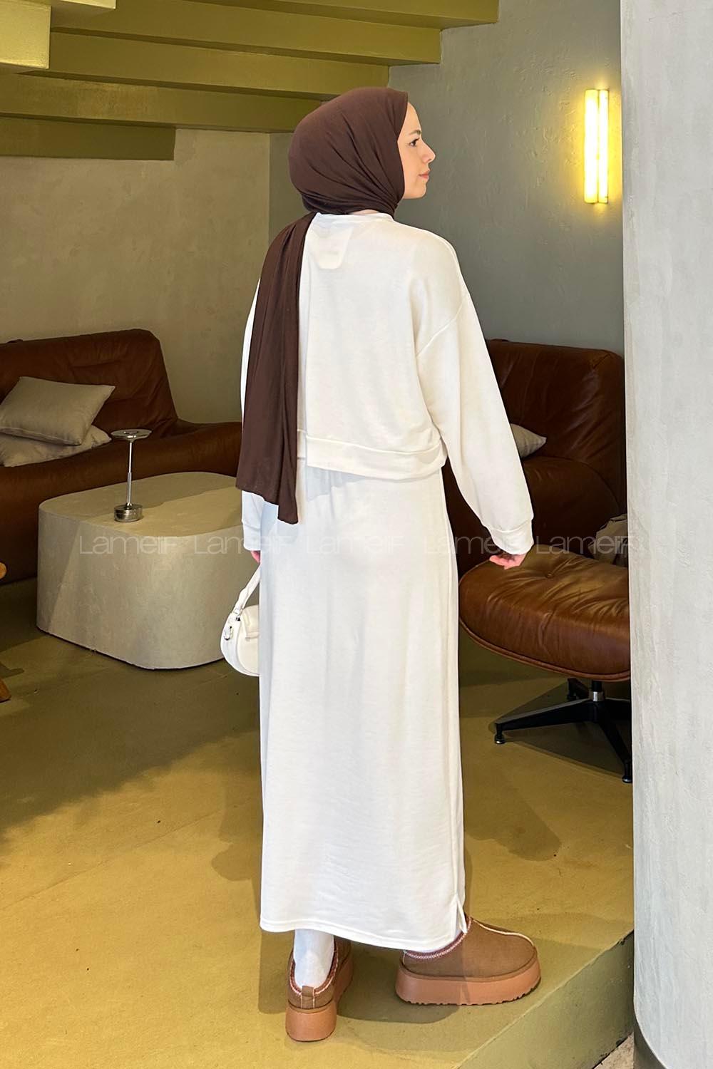 Lamelif Kısa Sweat Etekli Tesettür Takım Beyaz