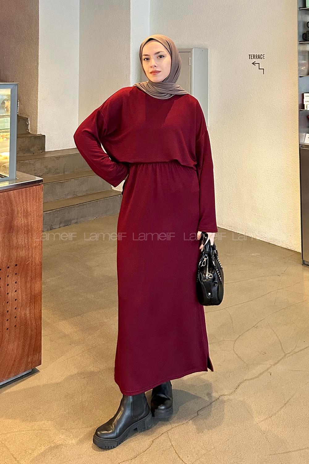 Lamelif Kristal Etekli Tesettür Takım Bordo