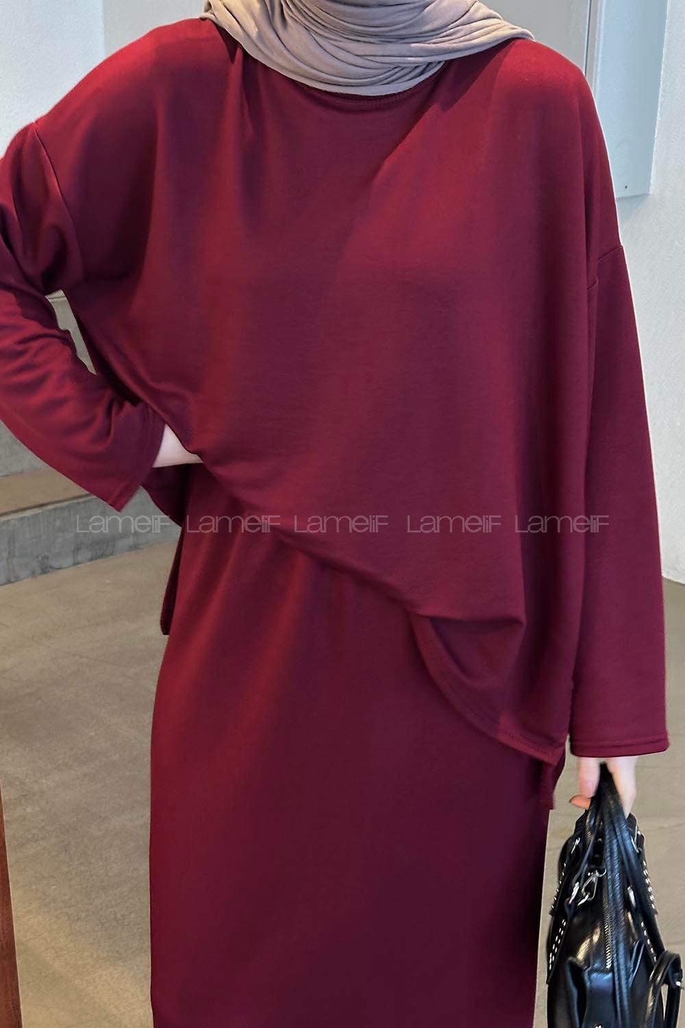 Lamelif Kristal Etekli Tesettür Takım Bordo