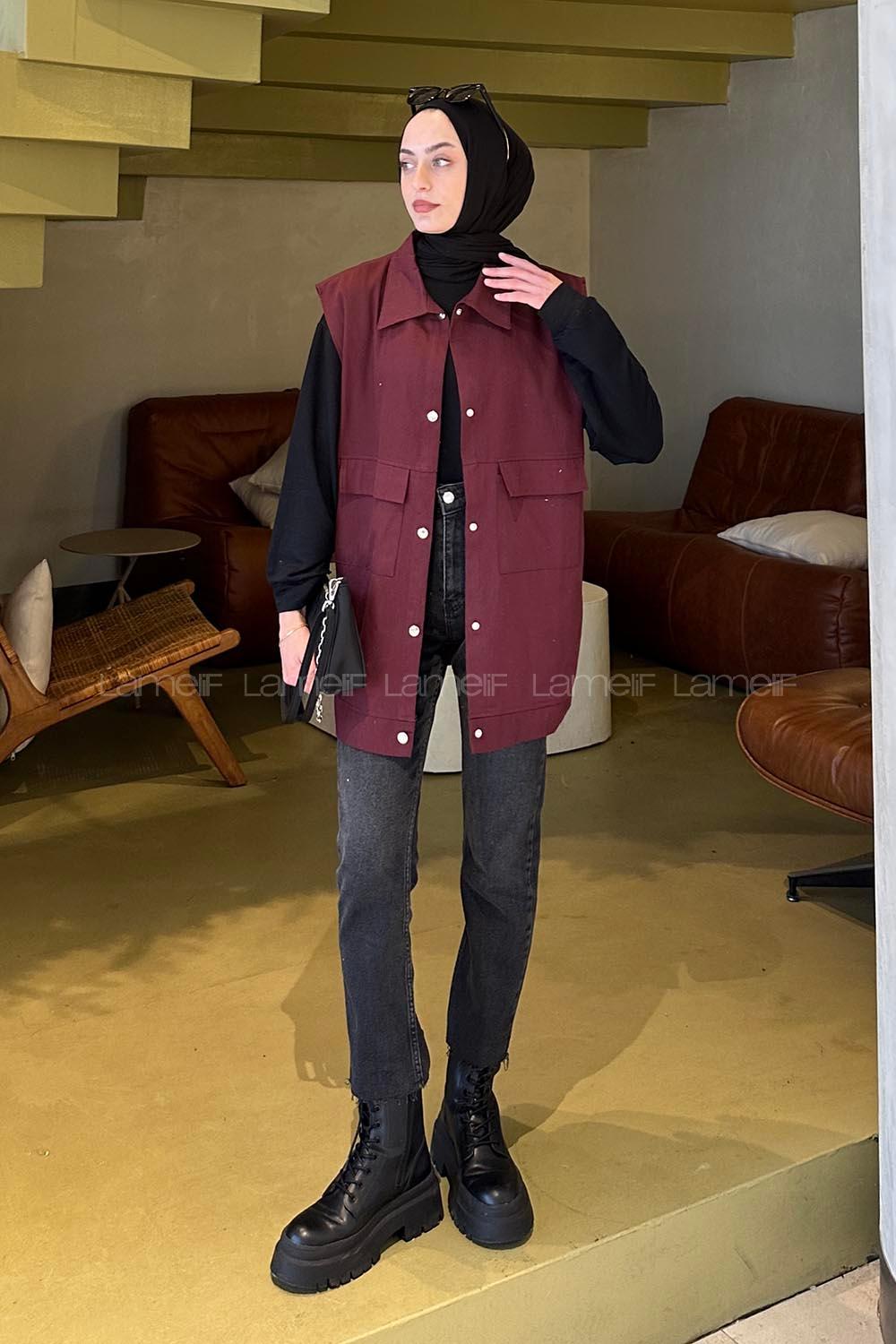 Claret Red Shirt Collar Zero Arm Without Accessories Cotton Unprinted Vest