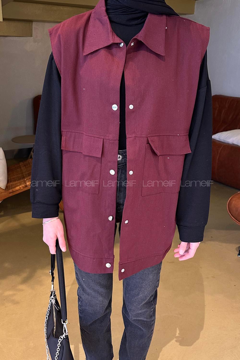 Claret Red Shirt Collar Zero Arm Without Accessories Cotton Unprinted Vest