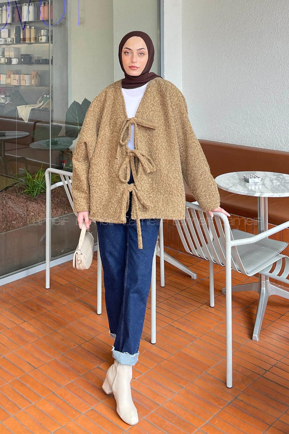 Lamelif Bağlamalı Kaşe Mont Camel