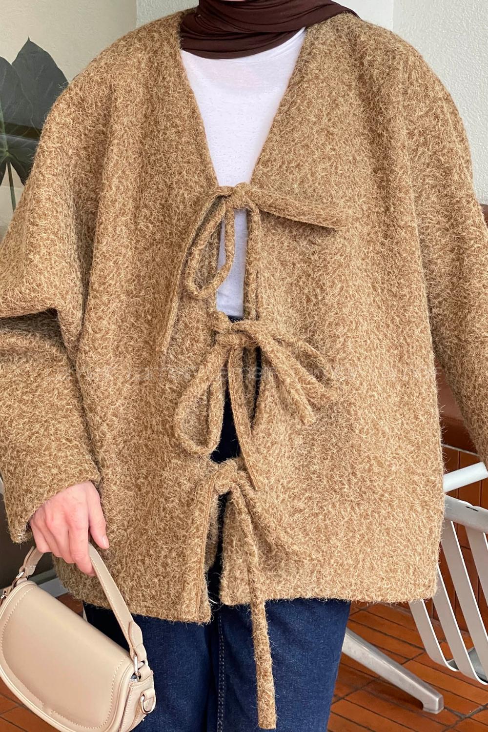 Lamelif Bağlamalı Kaşe Mont Camel