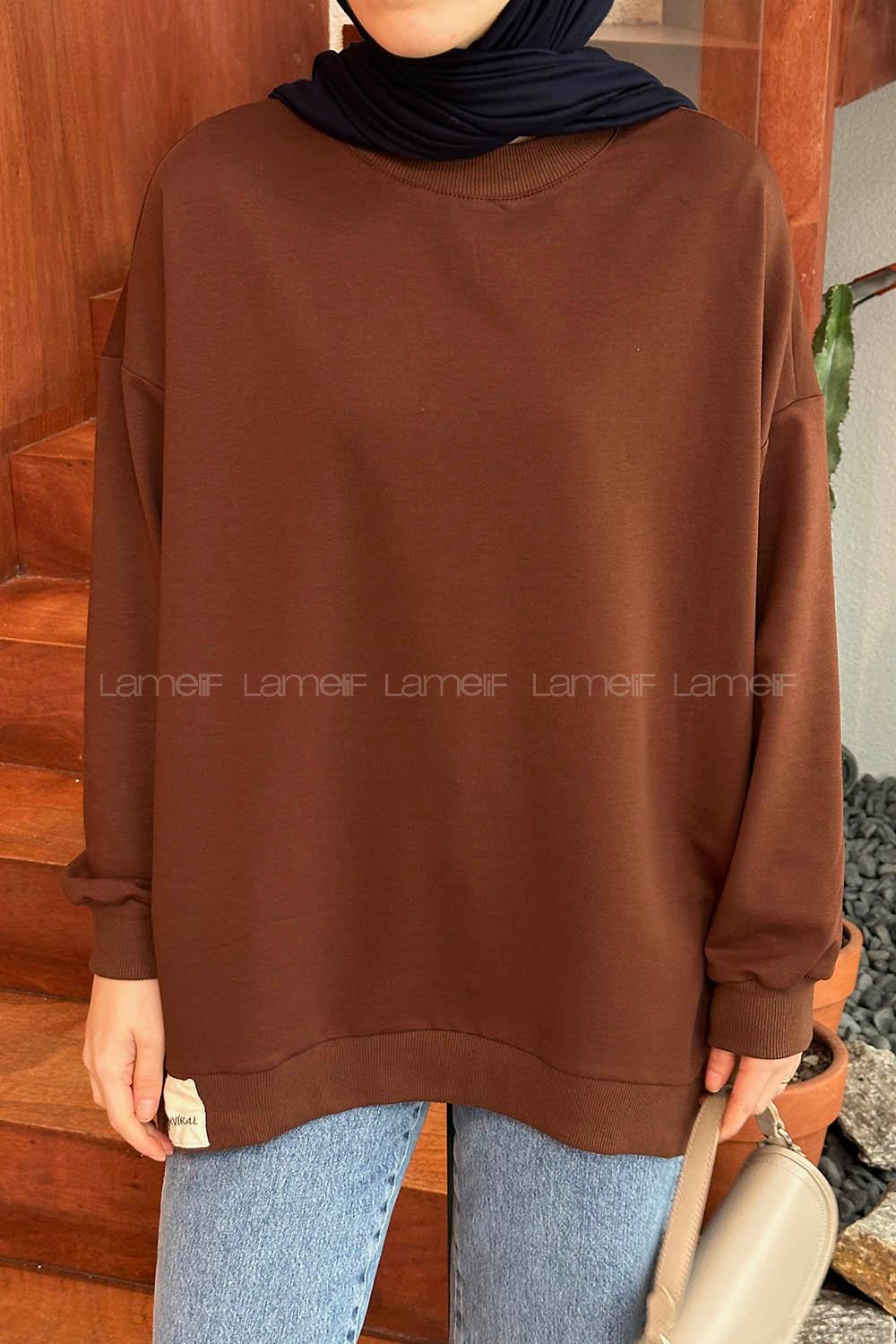 Lamelif Etiket Detaylı Oversize Sweatshirt Acı Kahve