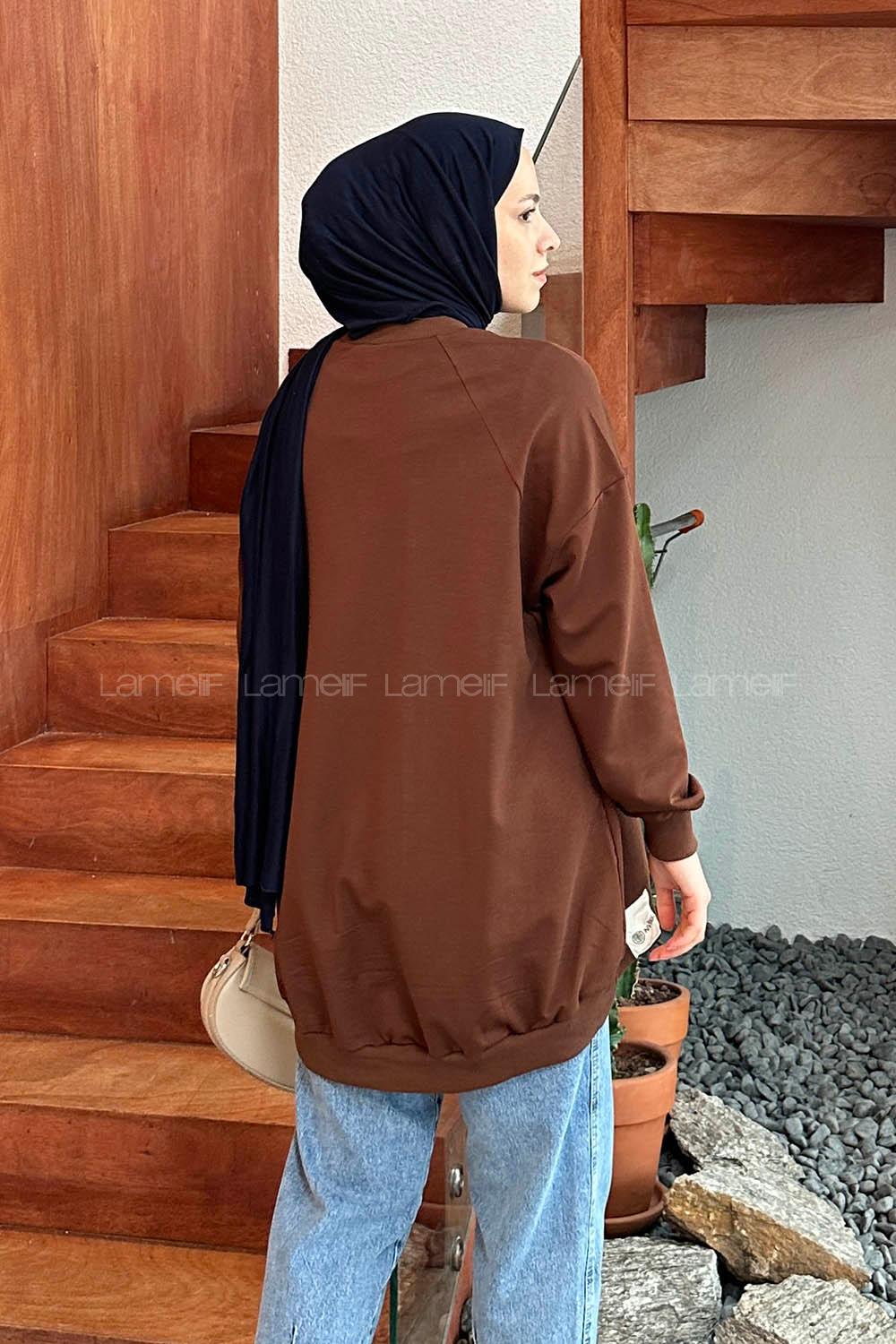 Lamelif Etiket Detaylı Oversize Sweatshirt Acı Kahve