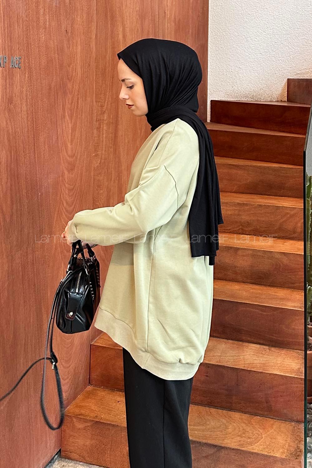 Lamelif Etiket Detaylı Oversize Sweatshirt Kına Yeşili
