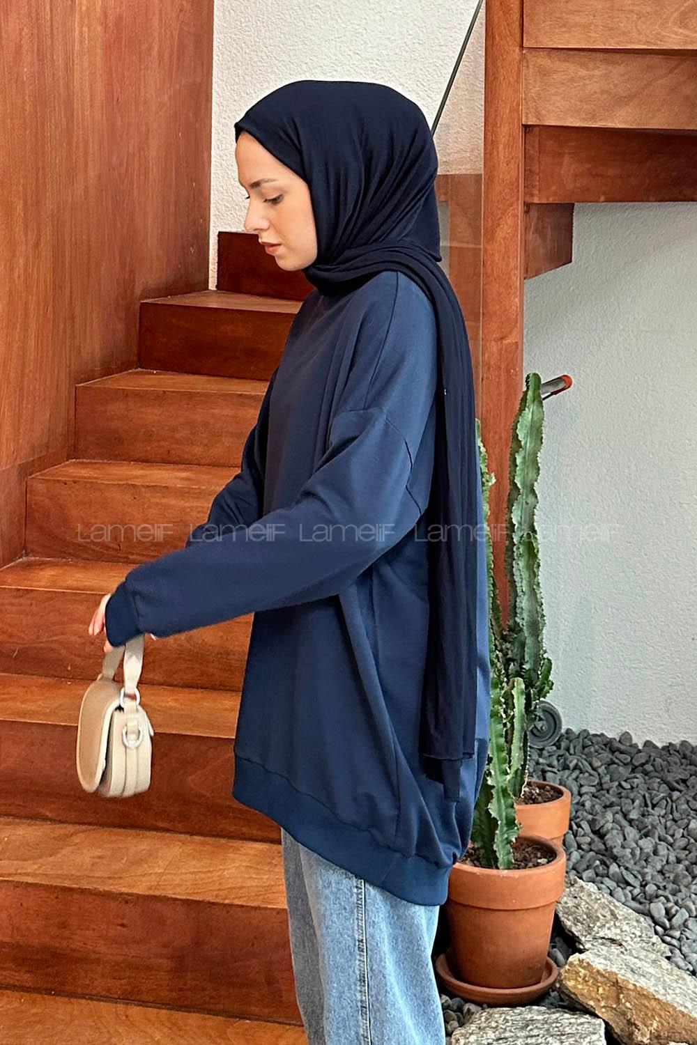 Lamelif Etiket Detaylı Oversize Sweatshirt Lacivert