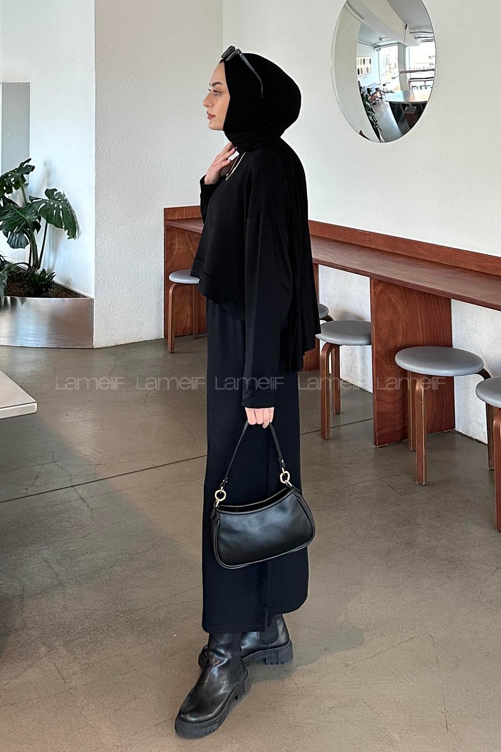 Black Crew Neck Long Arm Poplin Fabric Straight Skirt Suit